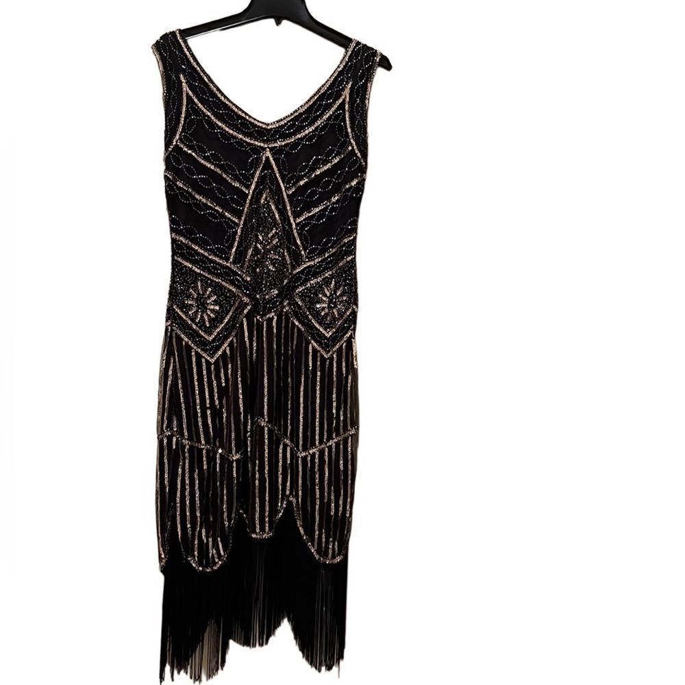 Babeyond Women’s Large Black & Gold Sleeveless Flapper Dress w Side Zipper